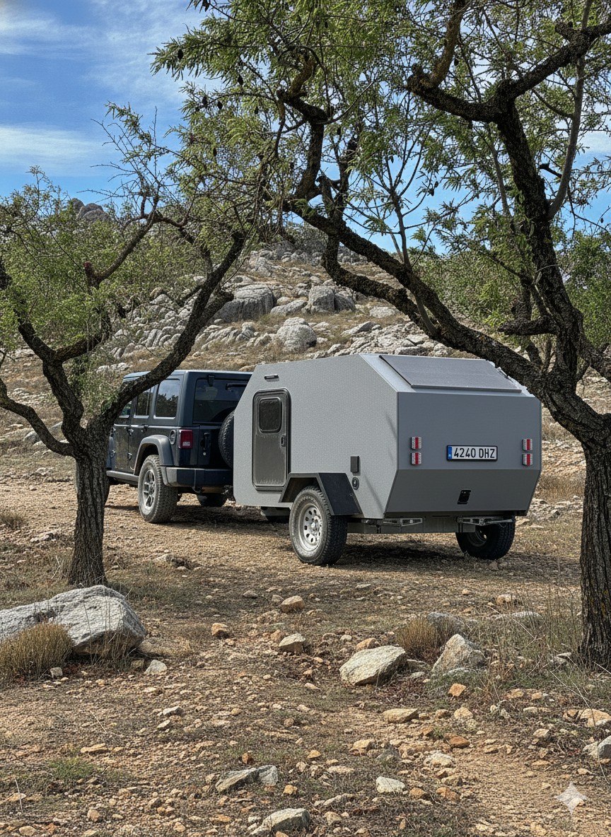 OM Campers en un entorno natural entre árboles y roca